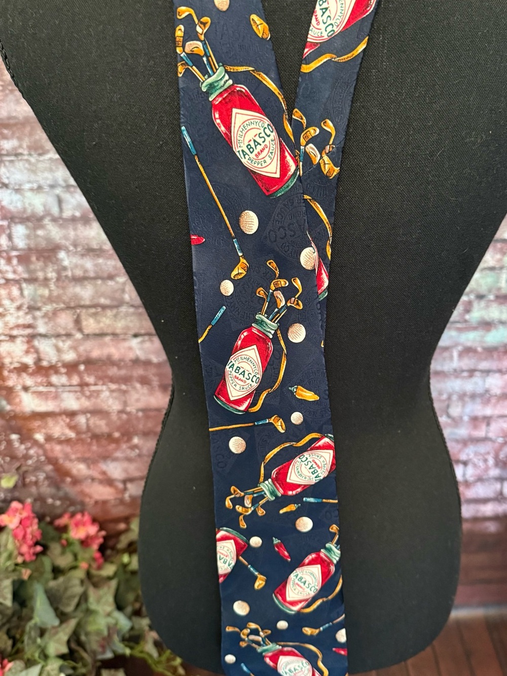 Tabasco Navy Tie with Red & Green Bottle and Gold Golf Motif